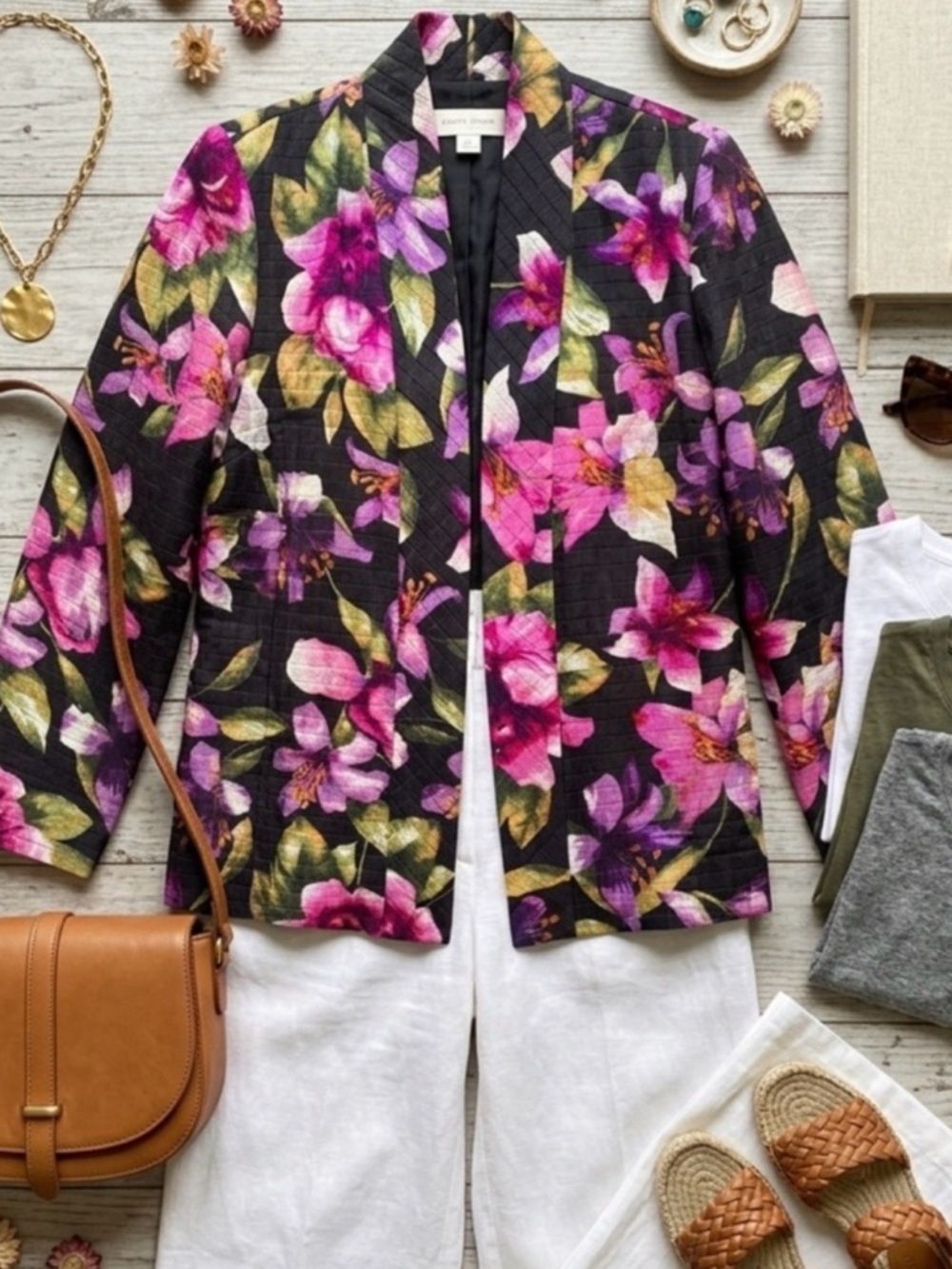 NEXX Silk Blend Floral Blazer M Maximalist Edgy Boho Lagenlook Open Front Jacket